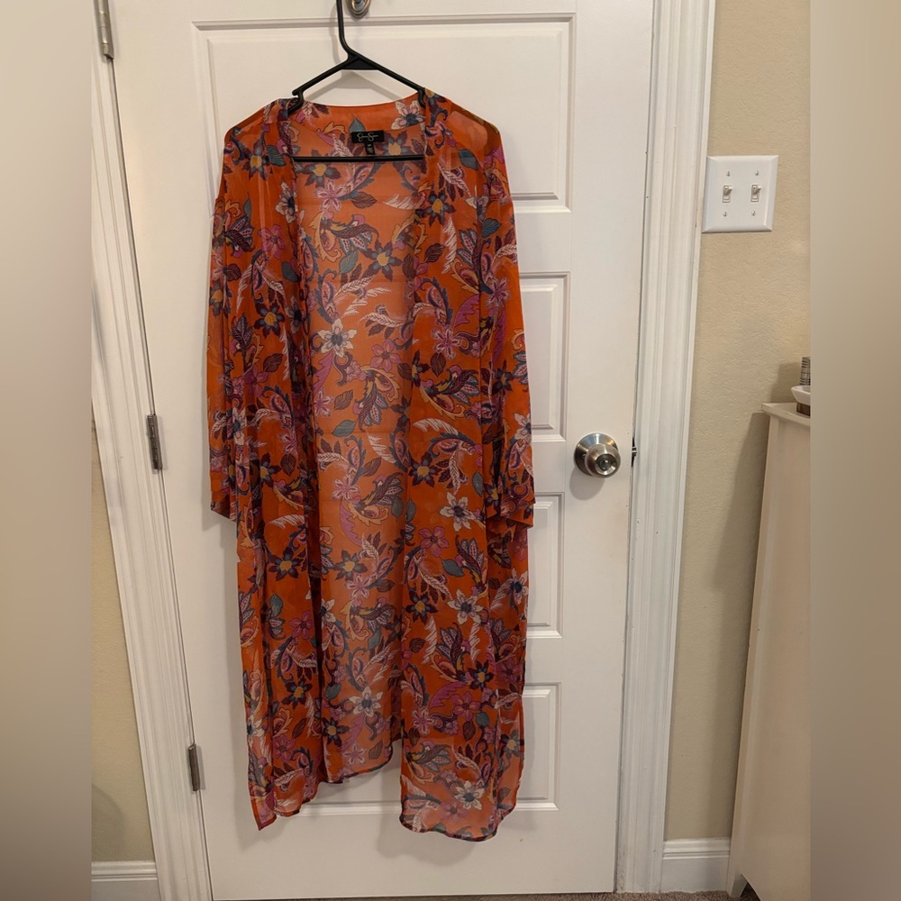 Jessica Simpson Paisley Floral Kimono Open Front Cardigan, Orange Purple 3X